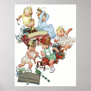Klassieke kinderen peuters spelen met brandweerwag poster