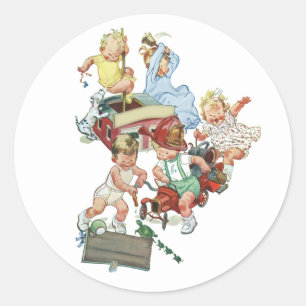 Klassieke kinderen peuters spelen met brandweerwag ronde sticker