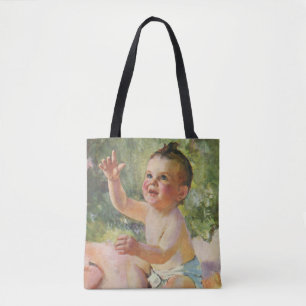 Klassieke kinderen, schattig babymeisje op een roz draagtas