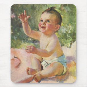 Klassieke kinderen, schattig babymeisje op een roz muismat