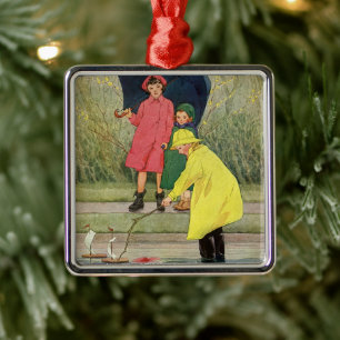 Klassieke kinderen spelen in plassen "Een regenach Metalen Ornament