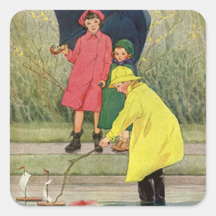 Klassieke kinderen spelen in plassen "Een regenach Vierkante Sticker