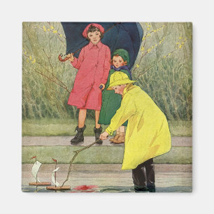 Klassieke kinderen spelen met plasbootjes in de re magneet
