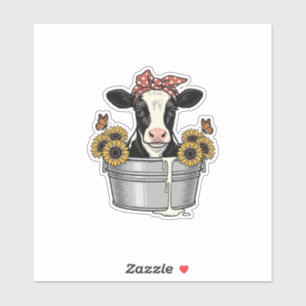 Klassieke koe in badkuip zonnebloem vlinder vector sticker
