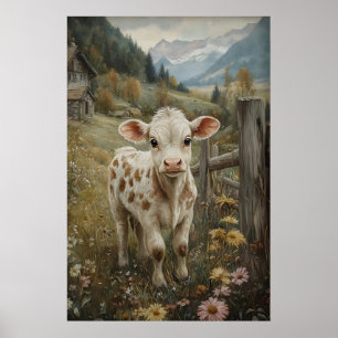 Klassieke koeienprint, kalf Pasen bloem boerderij Poster
