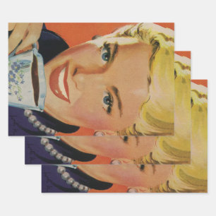 Klassieke Koffie, Gelukkige Vrouw met Retro Koffie Inpakpapier Vel