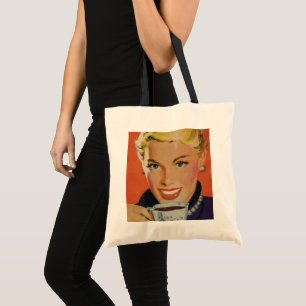 Klassieke koffie, gelukkige vrouw met retro koffie tote bag
