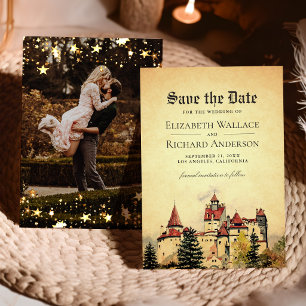 Klassieke Koninklijke Sprookjeskasteel Trouwfoto Save The Date