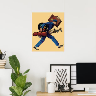 Klassieke kruier in uniform, koffer en golfclub poster