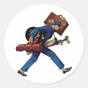 Klassieke kruier in uniform, koffer en golfclub ronde sticker