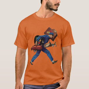 Klassieke kruier in uniform, koffer en golfclub t-shirt