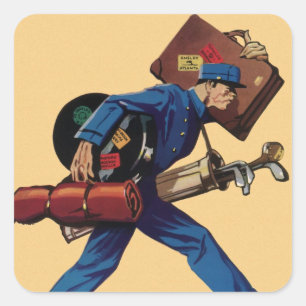 Klassieke kruier in uniform, koffer en golfclub vierkante sticker