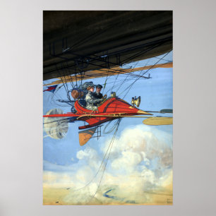 Klassieke kunst van vrouw die futuristisch vliegtu poster