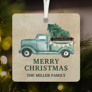 Klassieke lichtgroene kerst pickup truck metalen ornament