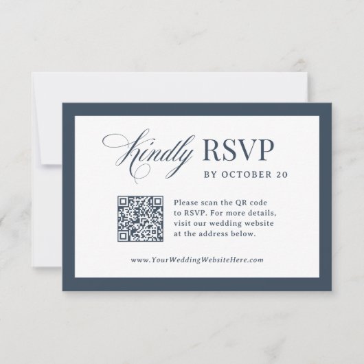 Klassieke Luxe Navy Blauwe Scannbare QR Code Huwel RSVP Kaartje (Voorkant)