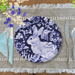 Klassieke marine Blue, White Rabbit Birds Dedham D Papieren Bordje