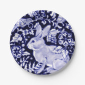 Klassieke marine Blue, White Rabbit Birds Dedham D Papieren Bordje (Voorkant)