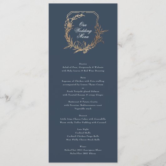 klassieke marine goud botanisch motief kuif bruilo menu (Voorkant)