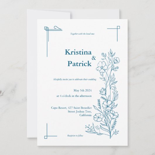 Klassieke marine lijn tekening bloemen bruiloft kaart (Voorkant)