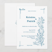 Klassieke marine lijn tekening bloemen bruiloft kaart (Voorkant / Achterkant)