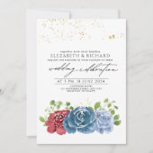 Klassieke marineblauw rood bloemengroen bruiloft kaart (Voorkant)