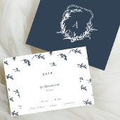 Klassieke marineblauwe bloemen monogram kuif bruil RSVP kaartje