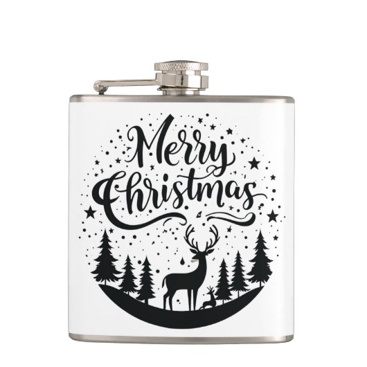 Klassieke Merry Christmas Deer en Tree Design Art Heupfles (Voorkant)