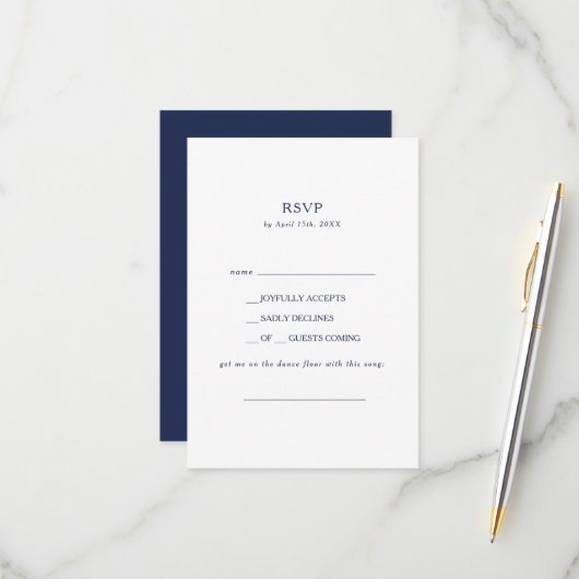 Klassieke minimale Navy Blue Song Request RSVP-kaa RSVP Kaartje (Voorkant / Achterkant in situ)