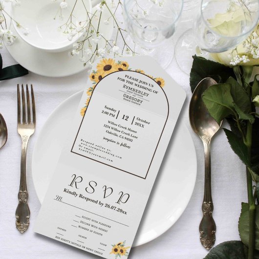Klassieke minimalistische zonnebloemboog Sage Groe All In One Uitnodiging