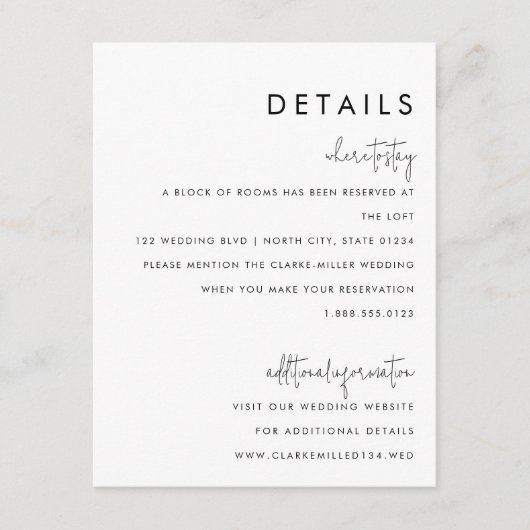 Klassieke minimalistische zwart-wit bruiloft Detai Informatiekaartje (Voorkant)