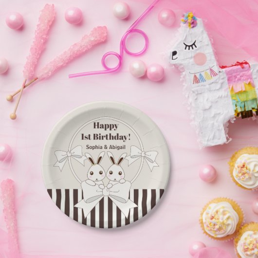 Klassieke Moderne Leuke Twin Bunny Meisje Verjaard Papieren Bordje (Feest)