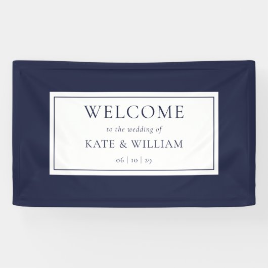 Klassieke moderne marine blauw bruiloft welkom spandoek (Horizontaal)