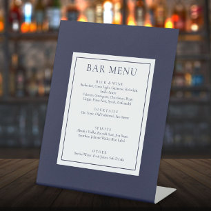 Klassieke moderne marineblauwe barmenu reclamebord met voetstuk