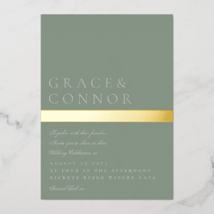 Klassieke Moderne Sage Groene Gouden Streep Bruilo Folie Uitnodiging