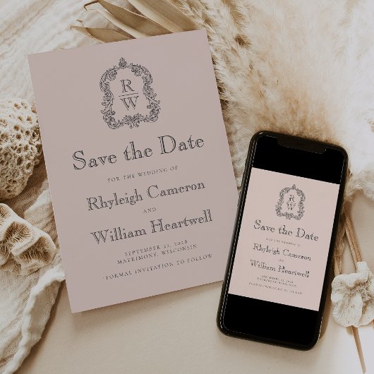Klassieke Monogram Crest Blush Roze Trouwjurk Save The Date