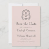 Klassieke Monogram Crest Blush Roze Trouwjurk Save The Date (Voorkant)