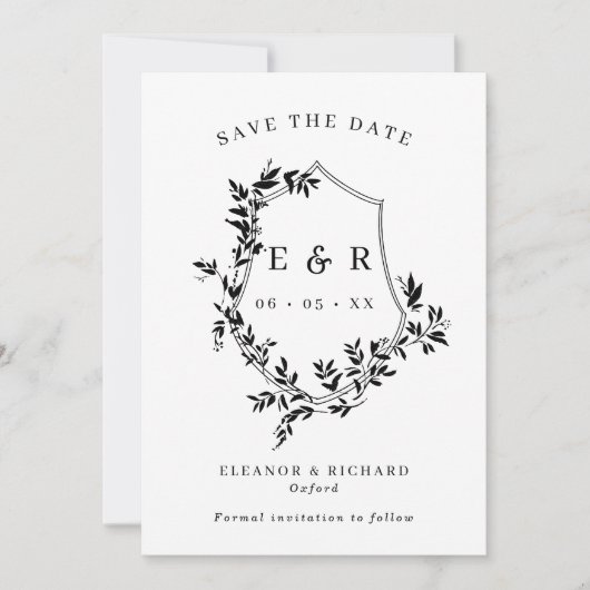Klassieke Monogram Crest Zwart & Wit Bruiloft Save The Date (Voorkant)
