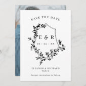 Klassieke Monogram Crest Zwart & Wit Bruiloft Save The Date (Voorkant / Achterkant)