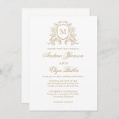 Klassieke Monogram Gouden en Witte Huwelijksuitnod Kaart (Voorkant / Achterkant)