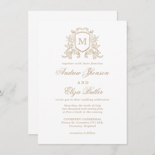 Klassieke Monogram Gouden en Witte Huwelijksuitnod Kaart (Voorkant / Achterkant)