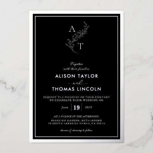 Klassieke Monogram Huwelijk Zwart en Zilver Folie Uitnodiging (Voorkant)