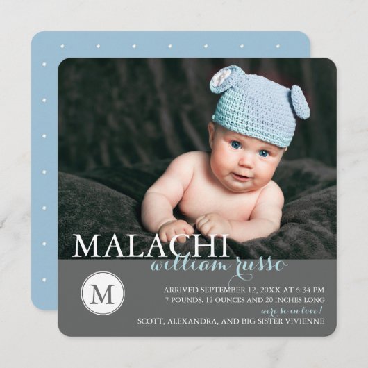 Klassieke Monogram Jongen Geboorteaankondiging / B Aankondiging (Voorkant / Achterkant)