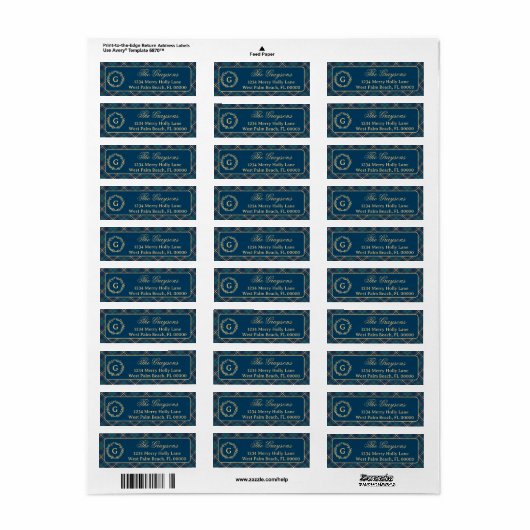 Klassieke Monogram Krans Blauw Geplaagd Kerstmis Etiket (Full Sheet)