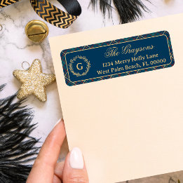 Klassieke Monogram Krans Blauwe Geruite Kerstmis Etiket