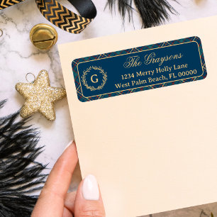 Klassieke Monogram Krans Blauwe Geruite Kerstmis Etiket