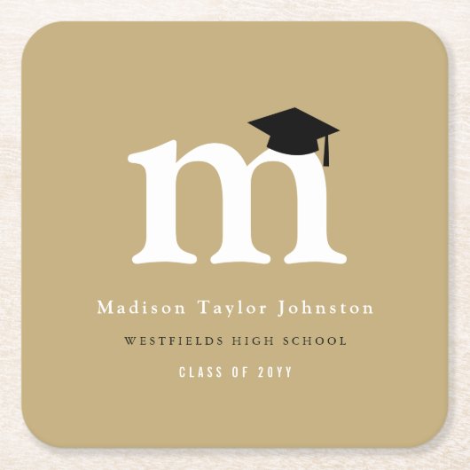 Klassieke monogram M en Gradupafkap Afstudeerder P Vierkante Kartonnen Onderzetter (Voorkant)