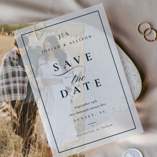 Klassieke Monogram Marine Blue Wedding Save the Da Vellum Uitnodigingen