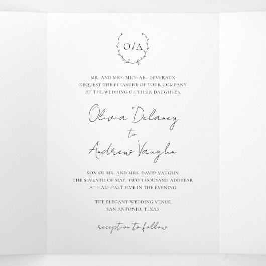 Klassieke monogram met grote kroonrand drieluik uitnodiging (Binnenkant midden)