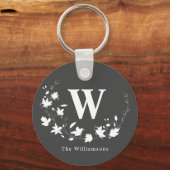 Klassieke monogram Naam Zwarte Witte Floral Wreate Sleutelhanger (Voorkant)