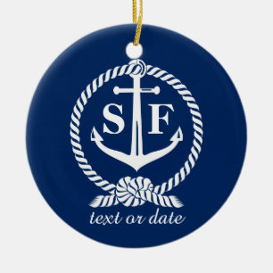 Klassieke monogram Nautical Blue Anchor Beach Boat Keramisch Ornament